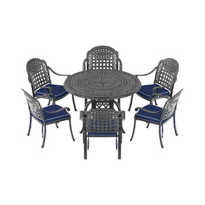English Elm 7-piece Cast Aluminum Outdoor Dining Set Ornate Carved Patio Furniture Seats Six W1710S00566
