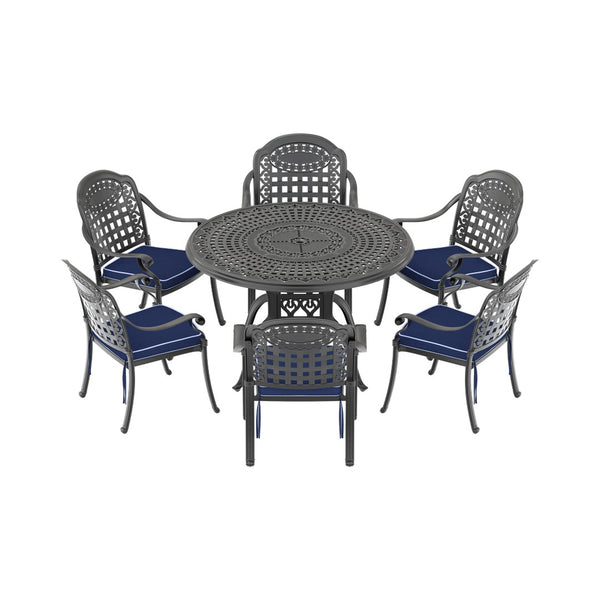 English Elm 7-piece Cast Aluminum Outdoor Dining Set Ornate Carved Patio Furniture Seats Six W1710S00566