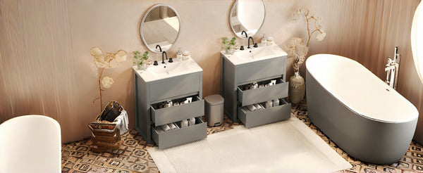 English Elm Christopher Knight Home® - 60" Double Sinks Bathroom Vanity Set with Two Ceramic Basins, Soft-Close Drawers, Sleek Handle-Free Design Gray N817P280550G