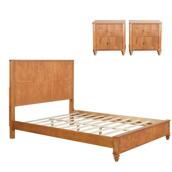 English Elm 3-piece Queen Bedroom Set Fluted Headboard Rubberwood Frame with Matching Nightstands W1716S00032