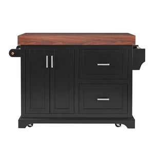 English Elm K&k Rolling Kitchen Island with Walnut Grain Countertop Drawers and Spice Rack Black N707S000025B
