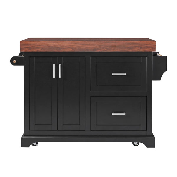 English Elm K&k Rolling Kitchen Island with Walnut Grain Countertop Drawers and Spice Rack Black N707S000025B