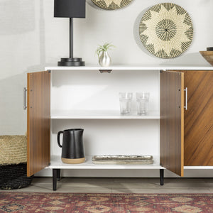 English Elm Walker Edison - Mid-Century Faux-Bookmatch Door Buffet with Metal Legs, Two-Tone Teak/White Storage Console B185P169345