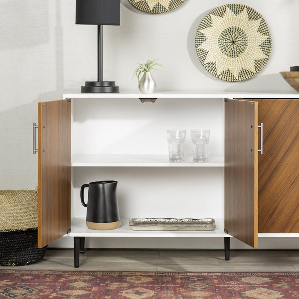 English Elm Walker Edison - Mid-Century Faux-Bookmatch Door Buffet with Metal Legs, Two-Tone Teak/White Storage Console B185P169345