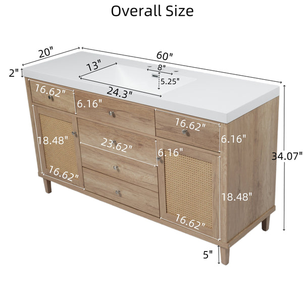 English Elm Christopher Knight Home® - 60" Modern Bathroom Vanity with Durable SMC Sink, Rattan Doors, Soft-Close Drawers, Pine Legs Antique Natural N817P296130N