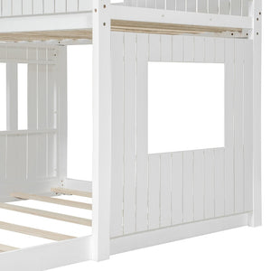 English Elm Wooden Twin Over Full Bunk Bed Farmhouse Playhouse Design with Ladder Guardrails LT000327AAK-1
