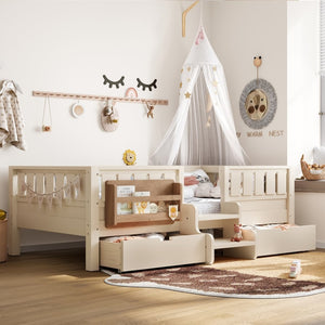 English Elm Twin Kids Storage Bed with Bookshelf Headboard Safety Staircase and Under Drawers Beige W1580P379183