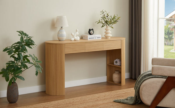 English Elm [video] Retro Fluted Console Table with 3 Drawers Open Niche Mid-century Entryway Natural N759P283616N