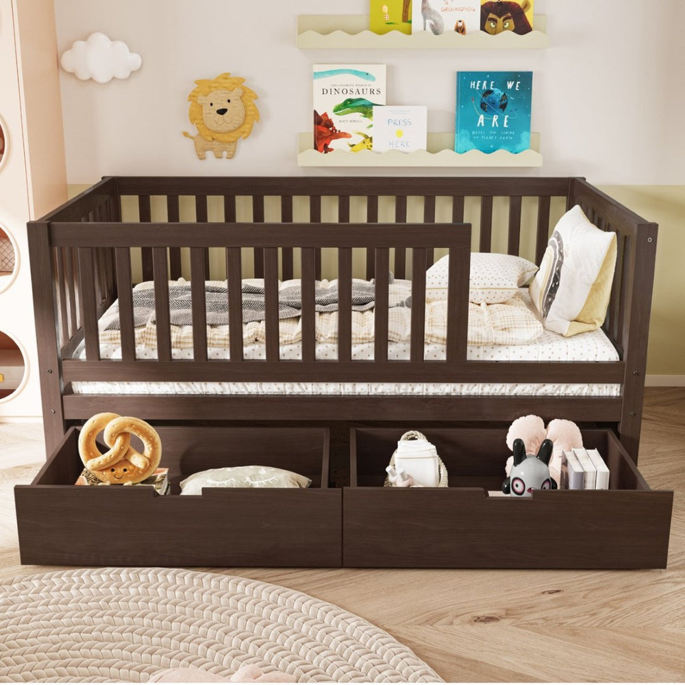 English Elm Convertible Toddler Daybed Solid Pine Kids Bed with Storage Drawers and Removable Rails Espresso N899P429848N