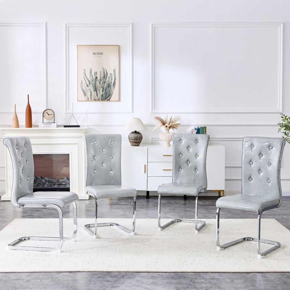 English Elm Set of 2 Glam Faux Alligator Pvc Dining Chairs with Crystal Buckle Bow Legs Gray W3875P371035