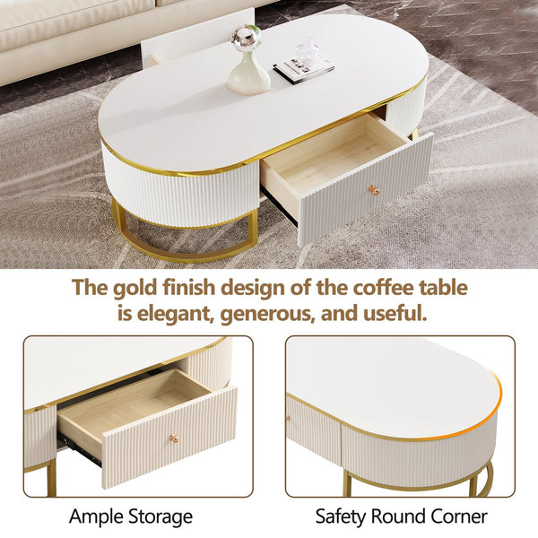English Elm Modern Oval Coffee Table with Drawers and Gold Base, High-Gloss White Finish, Durable 47.2" Centerpiece N735P192897K