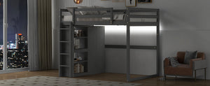 English Elm Wood Full Size Loft Bed with Built-in Wardrobe, 4-Tier Storage Shelves, LED Light, Pine MDF Durable Gray GX000463AAE