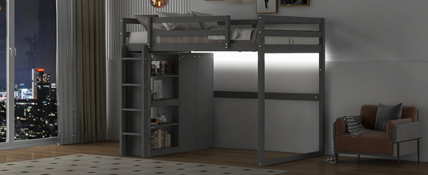 English Elm Wood Full Size Loft Bed with Built-in Wardrobe, 4-Tier Storage Shelves, LED Light, Pine MDF Durable Gray GX000463AAE