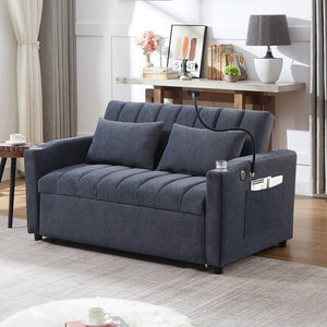 English Elm 55.9" Convertible Sofa Bed Loveseat with 3 USB Ports, Cup Holders, Side Pockets & 360° Phone Swivel Blue-gray WF322620AAC