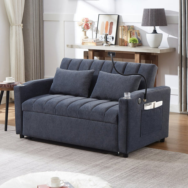 English Elm 55.9" Convertible Sofa Bed Loveseat with 3 USB Ports, Cup Holders, Side Pockets & 360° Phone Swivel Blue-gray WF322620AAC