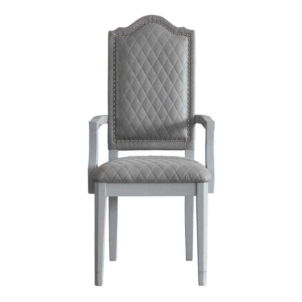 English Elm Two Two Tone Grey Upholstered Arm Chairs Set of 2 — Diamond Grid, Nailhead Trim, Pearl Grey Finish, Luxe Seating for Dining or Office B062P185700