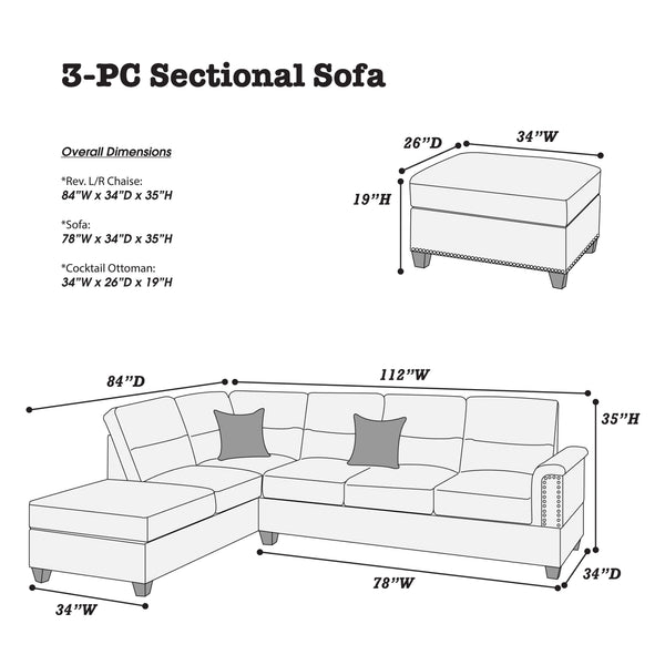 English Elm New Contemporary 3-PCS Reversible Sectional Sofa Set Espresso Faux Leather Chaise Ottoman Pillows Trimmed Studs B011S01062