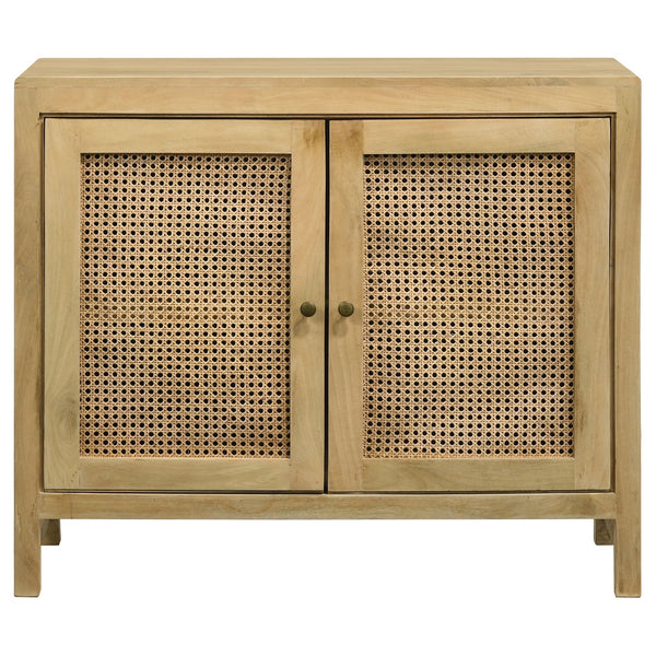 English Elm Henley Natural Mango Wood 2-Door Accent Cabinet with Rustic Cane Doors, Antique Brass Knobs, Storage - Island-Inspired 38"W x 32"H x 16"D B062P350431