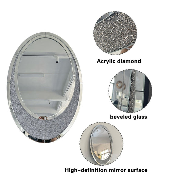 English Elm Oval Frameless Wall Mirror with Crushed Crystal Inlay Glam Silver Accent Decor W3836P427781