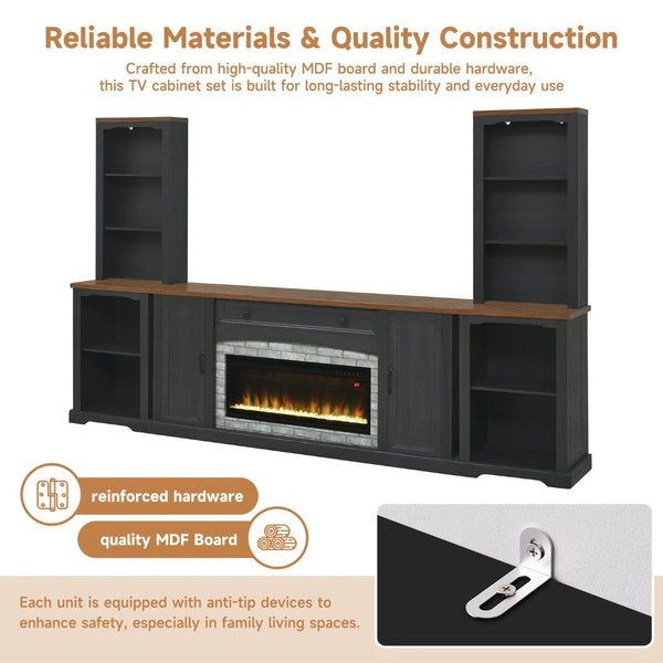 English Elm 3-piece Farmhouse Entertainment Center with Curved Cabinets Walnut Mdf Modular Living Room Black N721S000072B