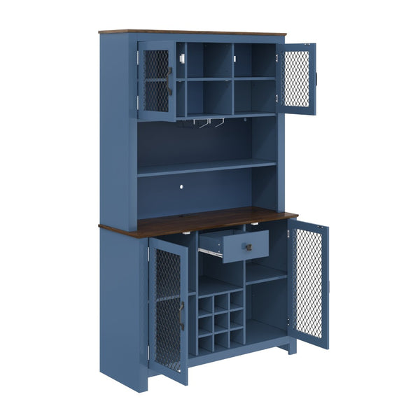English Elm 70.9" Farmhouse Hutch Pantry with Led Lighting Wine Rack Mesh Doors and Built-in Power Navy Blue CH361426AAL