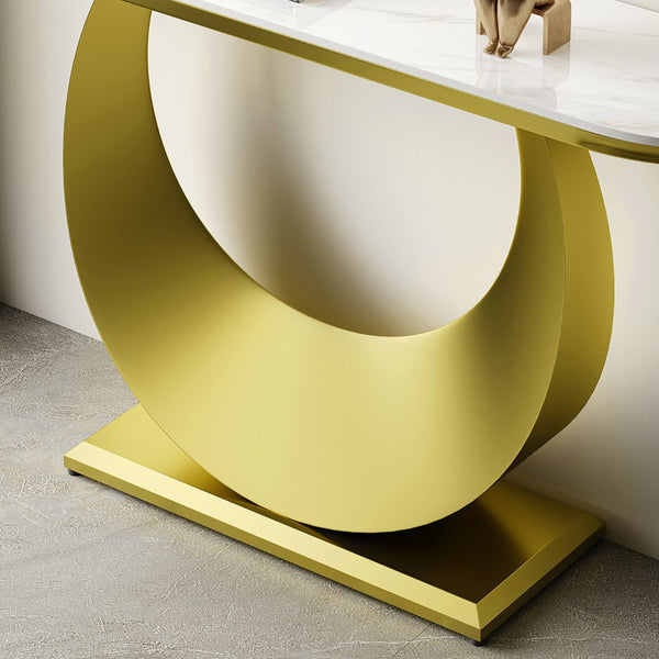 English Elm Premium Faux Marble Half Moon Console Table Gold Base Narrow Entryway Accent W2700S00084
