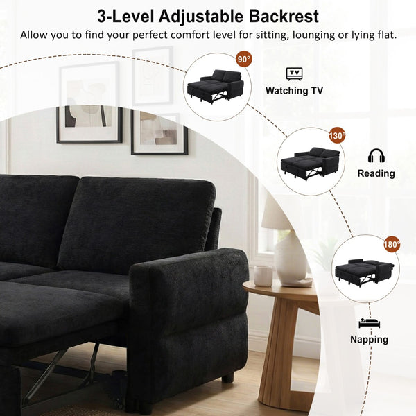 English Elm Convertible Chenille Sleeper Loveseat with Usb Ports and Reclining Backrest for Small Spaces Black N719P390439B