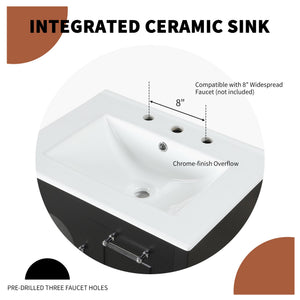 English Elm 24" Modern Bathroom Vanity with Ceramic Sink, Solid Wood & MDF Cabinet, Two Drawers, Shelf Black N725P245273B