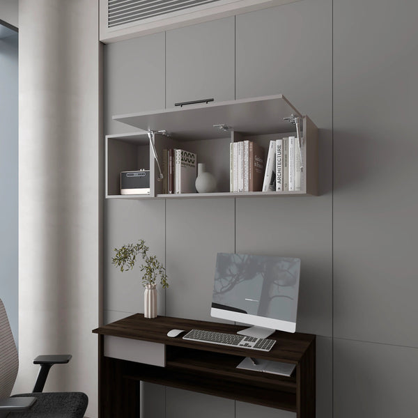 English Elm Smoke Wall Cabinet Fold-Down Door with Pneumatic Arms, Open Storage, Sleek Smoke Finish for Décor B062P252144