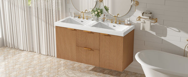 English Elm [video]47.24 Inch Floating Double Sink Vanity Mdf Cabinet Gold Handles Modern Bath N729P000025N