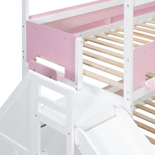 English Elm House-shaped Pine Bunk Bed with Built-in Slide Storage Staircase Twin Over Full Kids Frame White+Pink N820S00082K