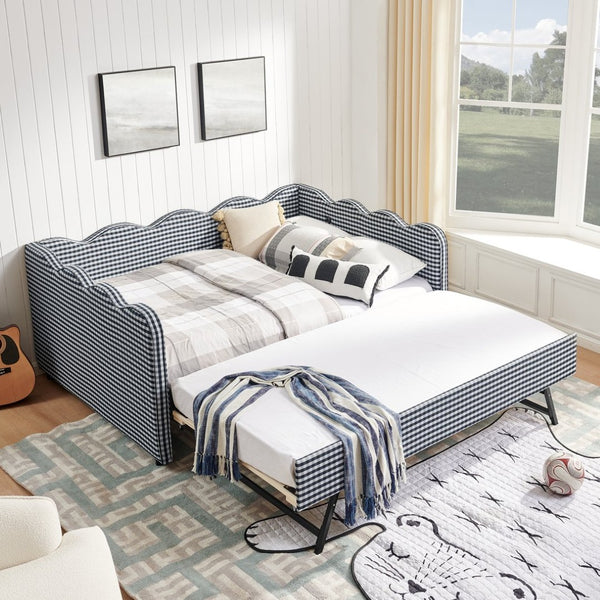 English Elm Full Size Gingham Linen Daybed with Wave Backrest Trundle and Usb Charging Port Navy W1413S00140