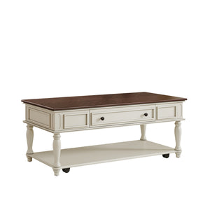 English Elm Farmhouse Retro Coffee Table with Lockable Wheels, One Drawer & Lower Shelf, Solid Wood Legs, Durable Finish White+Walnut N721P307935D