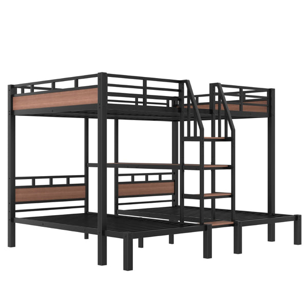 English Elm Twin Triple Bunk Bed Black Metal Frame with Built-in Storage Stairs and Shelves W1580S00620