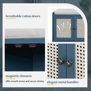 English Elm TREXM Rustic Storage Bench with Woven Rattan Doors, Removable Cushion & Adjustable Shelves for Entryway Home Organizing Antique Navy,Beige N715P308013M