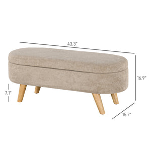 English Elm HOMCOM Plush Teddy Fleece Storage Ottoman Bench 43.3" Oval Upholstered Seat with Wood Legs, Beige W2225P229334