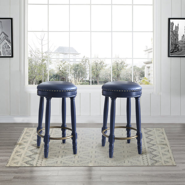 English Elm AGODY 26" Counter Height Swivel Bar Stools Set of 2 with Upholstered Seats and Sturdy Rubberwood Frame Dark Blue W2170P208094