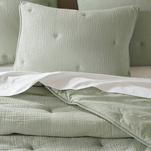 English Elm 3-piece Cotton Muslin Quilt Set with Embroidered Tacking for a Relaxed Bedroom Sage B035P408343