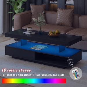 English Elm VIBE High Gloss LED Coffee Table with Hidden Storage, 2 Drawers & Display Shelves for Living Room Black WF307038AAB
