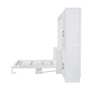 English Elm Queen Murphy Bed with Wardrobe Cabinet Hydraulic Lift Mdf Space Saving Wall Unit White LP000581AAK-1