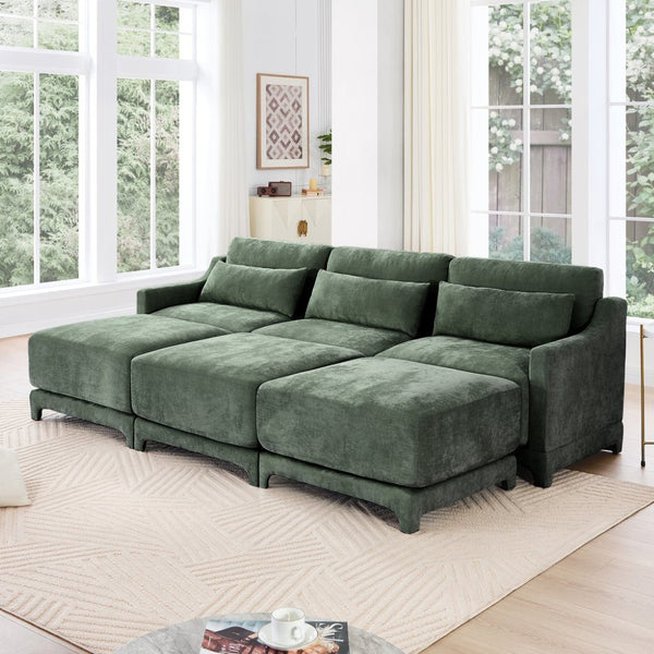 English Elm Three-Seater Sofa Set With 3 Movable Ottomans, Ergonomic Design, Chenille Fabric, Green Comfort W714S01219-GIGA