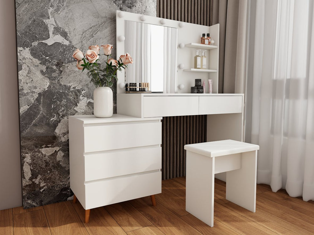English Elm LED Lighted Makeup Vanity Table with Mirror, Ancient White Melamine, Stool, Drawers & Organizer Elegance W2139P306365