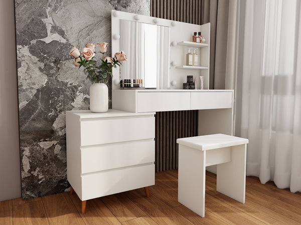 English Elm LED Lighted Makeup Vanity Table with Mirror, Ancient White Melamine, Stool, Drawers & Organizer Elegance W2139P306365