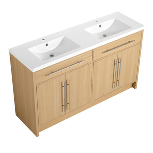 English Elm 60" Freestanding Bathroom Vanity with Dual Resin Sinks, Spacious Soft-Close Cabinet Storage, Durable Finish Oak W1972S00026