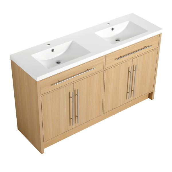 English Elm 60" Freestanding Bathroom Vanity with Dual Resin Sinks, Spacious Soft-Close Cabinet Storage, Durable Finish Oak W1972S00026