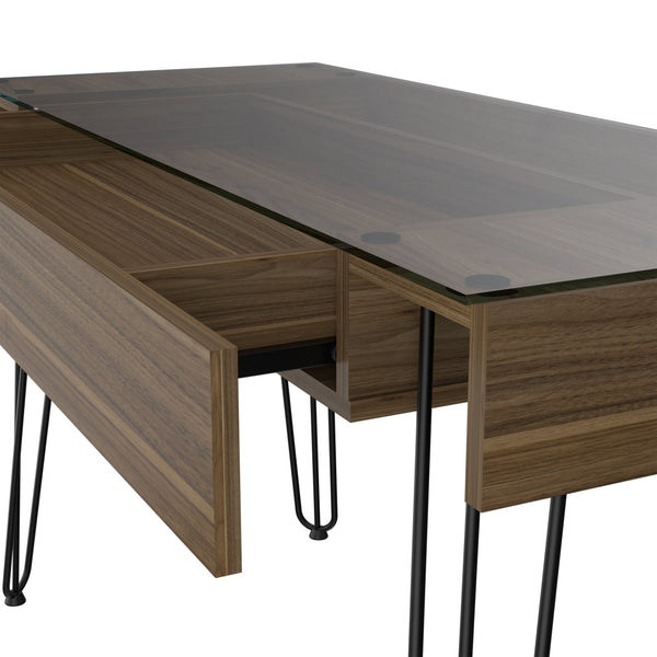 English Elm Kyoto Industrial 120 Writing Desk with Hairpin Metal Legs, Glass Top & Spacious Single Drawer, Brown B128S00166