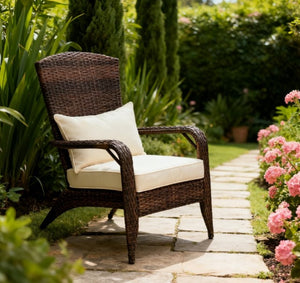 English Elm Soft Cushioned Wicker Adirondack Patio Chair with Tall Curved Back and Wide Armrests T3971P417319