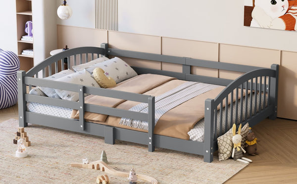 English Elm Full Montessori Pine Wood Floor Bed with Safety Rails Low Profile Kids Room Frame Gray N733P400299E