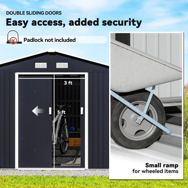 English Elm Spacious Galvanized Steel Outdoor Shed with Vented Sloped Roof and Lockable Double Doors T3971S00178