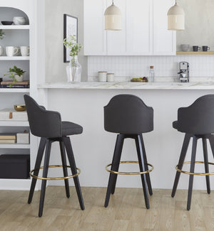 English Elm Fixed-height Swivel Barstools Charcoal Upholstered Seats Gold Footrest Set of Two B202S01863